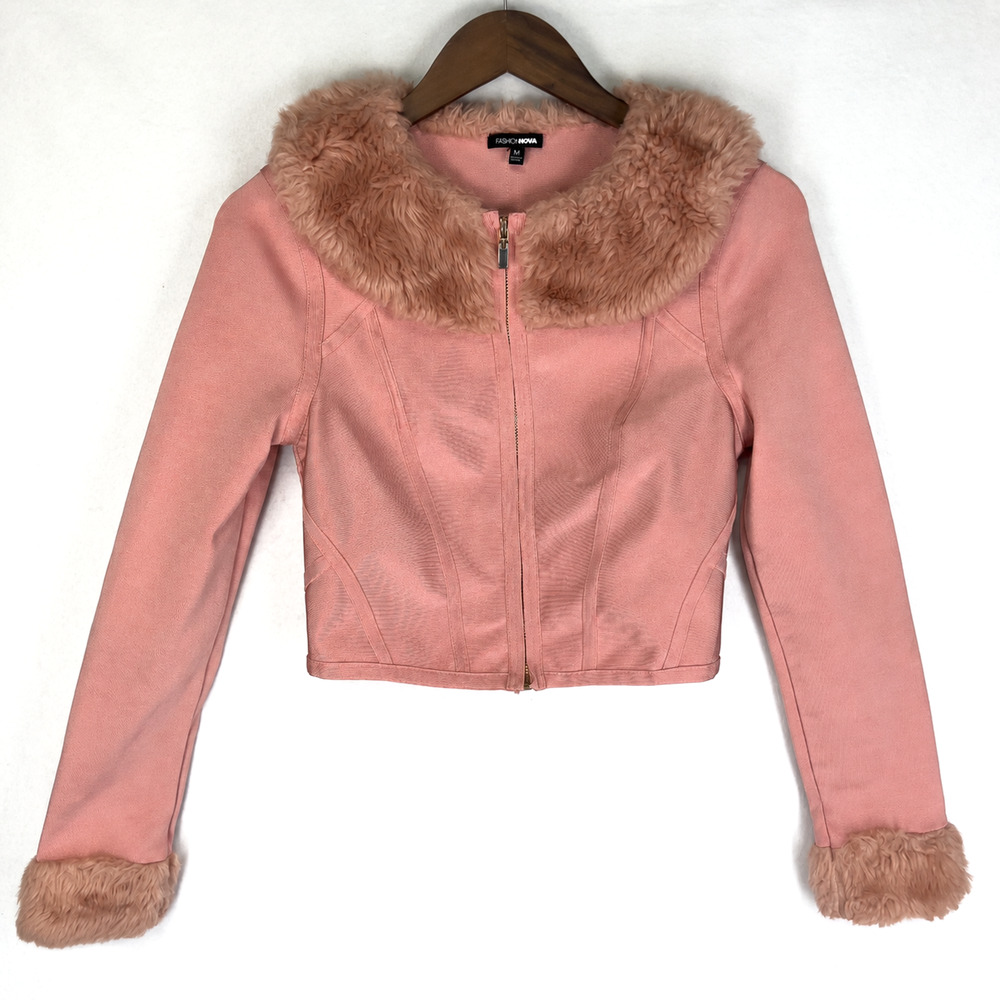 Fashion Nova Barbiecore Faux Fur Trim Coat Size Medium Pink Y2K Cropped